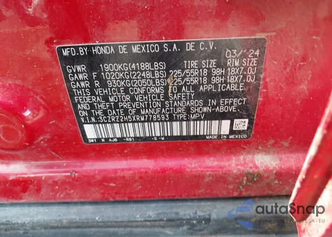 2024 Honda Hr-V Awd Sport/Awd Sport W/O Bsi z USA, uszkodzony, nr VIN 3CZRZ2H5XRM778593